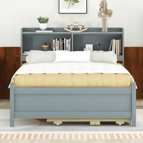 Full Size Bed With USB Type-C Ports, LED Light, Bookcase Headboard, Trundle And 3 Storage Drawers , Full Size Size Bed With Bookcase Headboard, Trundle And Storage Drawers Rieworkes